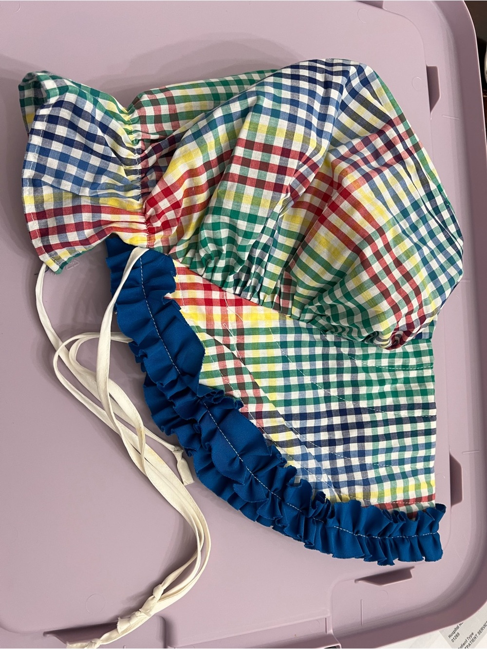 Vintage Appalachian Multicolor Gingham Bonnet with Blue Ruffle Trim